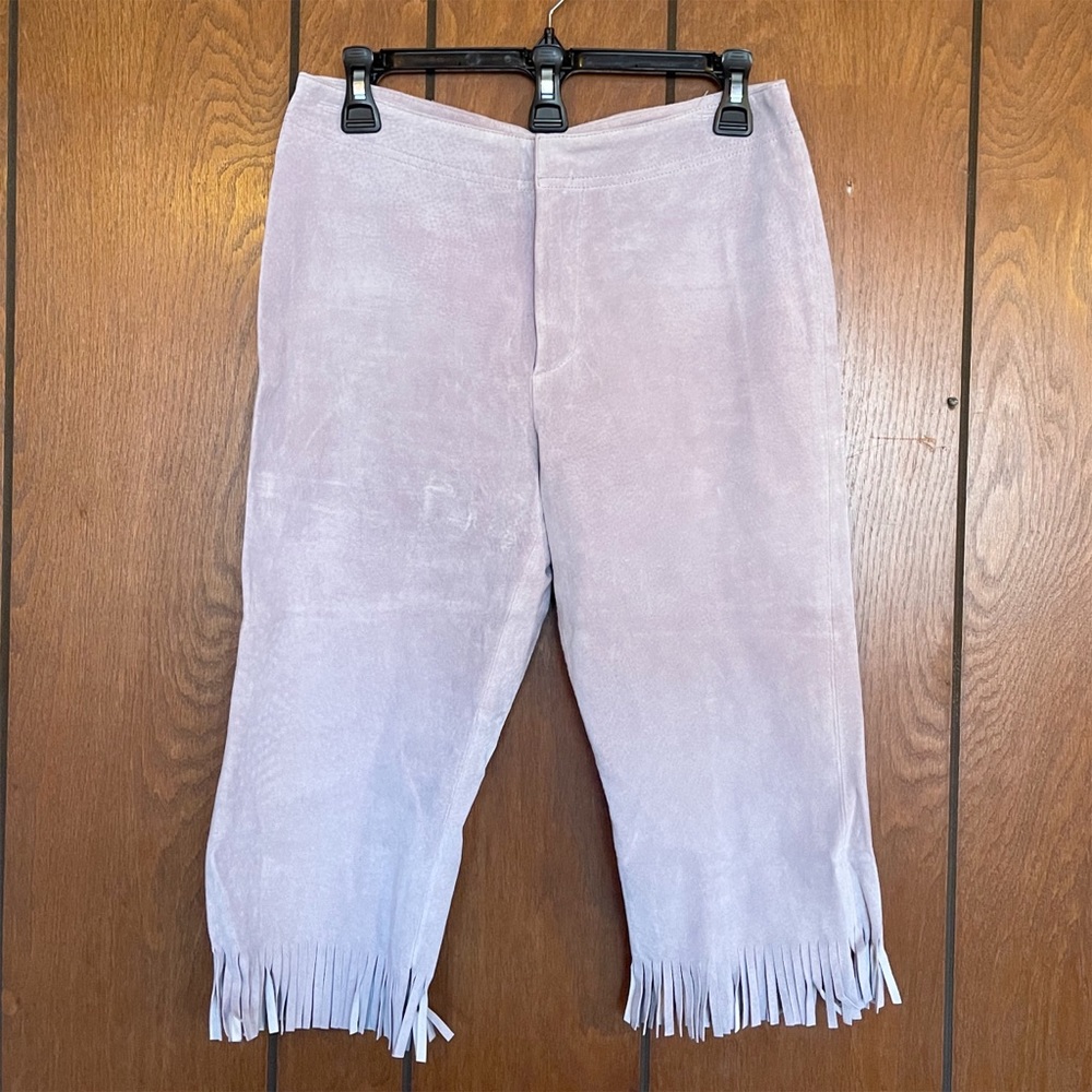 Maxima Wilson’s Leather Crop Tassel Fringe Suede Pants